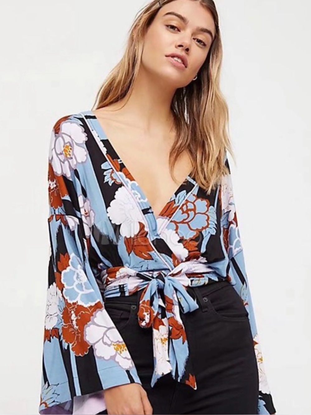 Free people Floral Wrap Top - Blue Floral Tie-Front